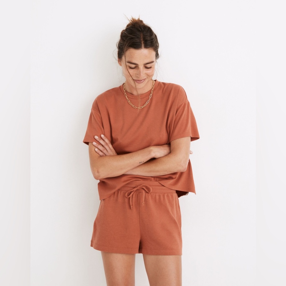 Madewell MWL Breeze Crewneck Boxy Tee & Drawstring Shorts in Afterglow Red